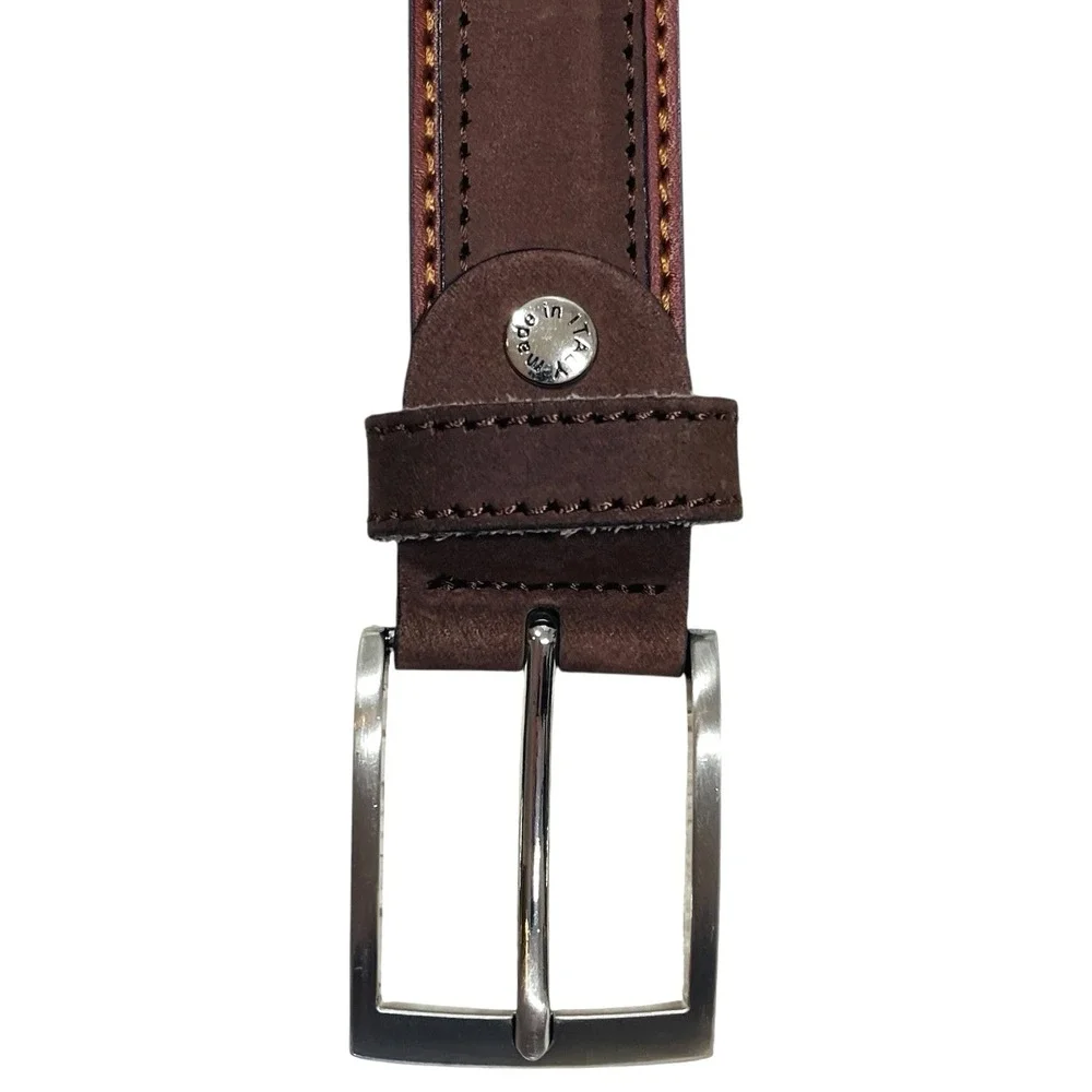 GP & Max Genuine Italian Leather Belt Mens US 36 IT 53/110 Brown Silver Hardwear